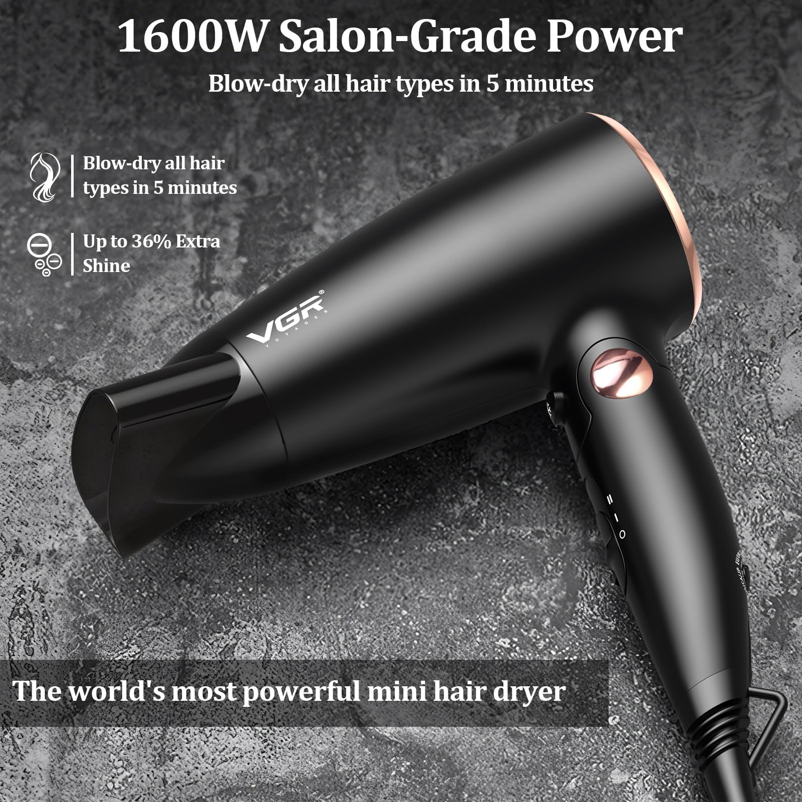 Close up view of the mechanical 100V to 250V dual voltage switch located on the hair dryer handle.