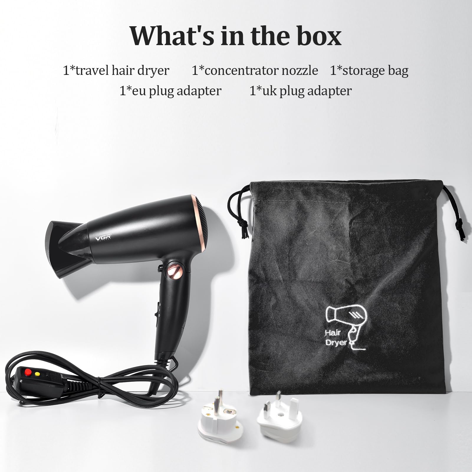 Unboxed view of the premium VGR global travel hair care kit inside its official retail product packaging.