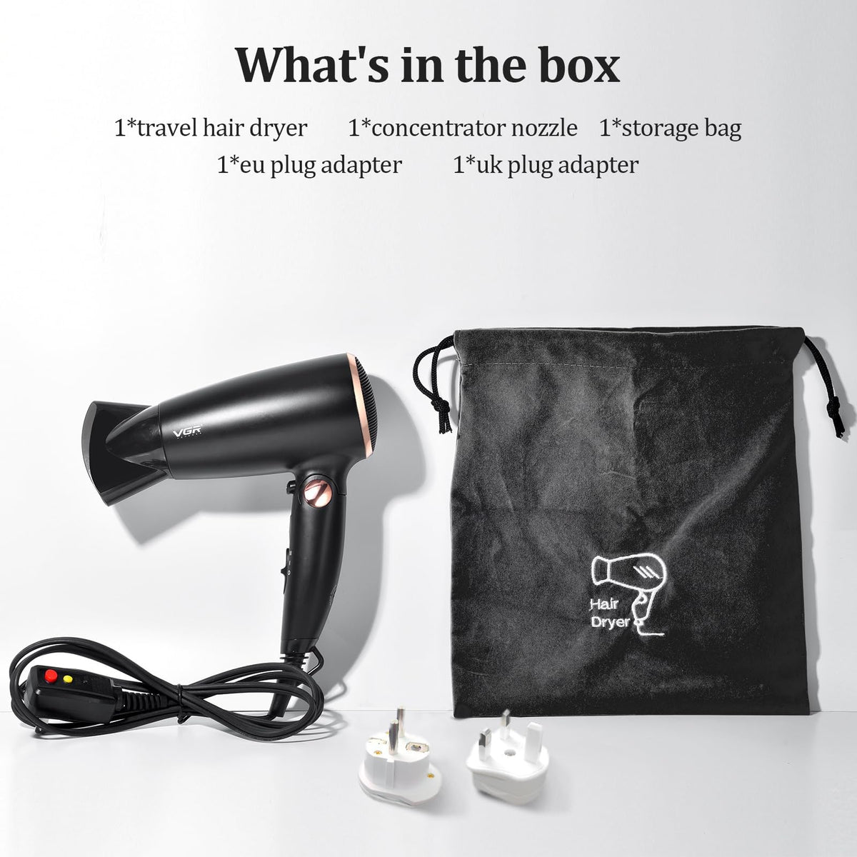 VGR professional hair dryer packaging and accessories layout