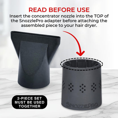 Demonstration of the secure fit of the Snozzle Pro universal blow dryer attachment on a salon styling tool.