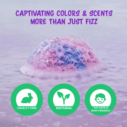 Six individual colorful handmade bubble bath bombs neatly arranged outside their packaging showing a smooth spherical texture