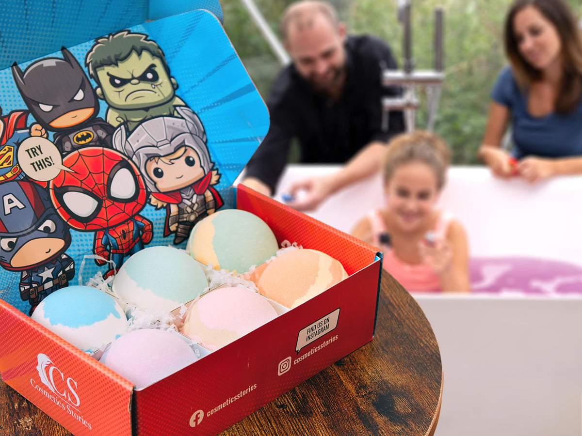 Cosmetics Stories superhero bath bombs lifestyle view