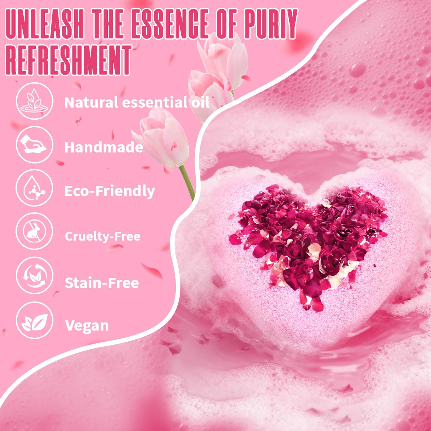 Oversized pink heart shaped bubble bath balls fizzing inside a warm water tub releasing rich essential oils.