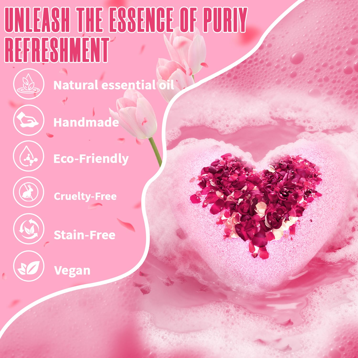 Oversized pink heart shaped bubble bath balls fizzing inside a warm water tub releasing rich essential oils.