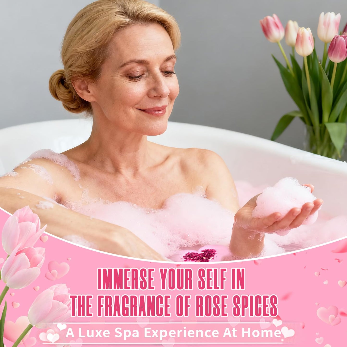 Premium handmade organic bath bomb set with red rose aromatherapy ingredients on a clean spa display background.
