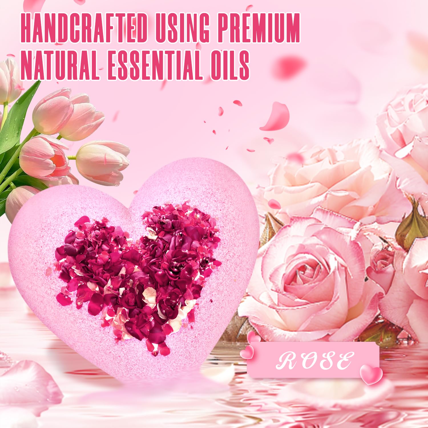 Luxury self care gift basket containing large rose oil infused heart bath treats for women and coworkers.
