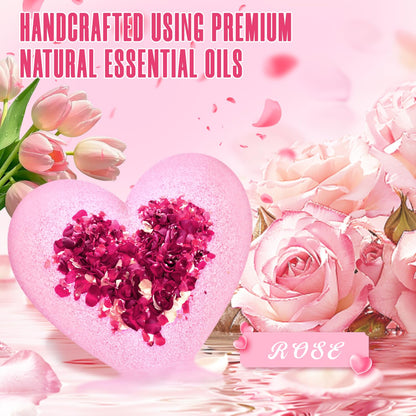 Luxury self care gift basket containing large rose oil infused heart bath treats for women and coworkers.