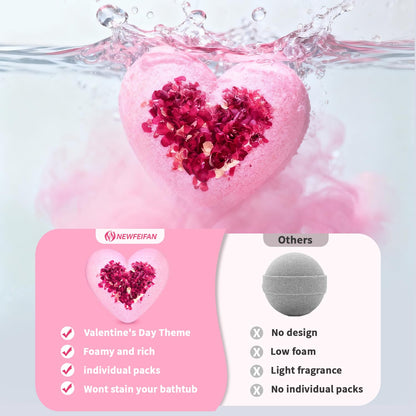 Close up view of the non staining natural pink clay formulation of the artisan heart bath bomb.