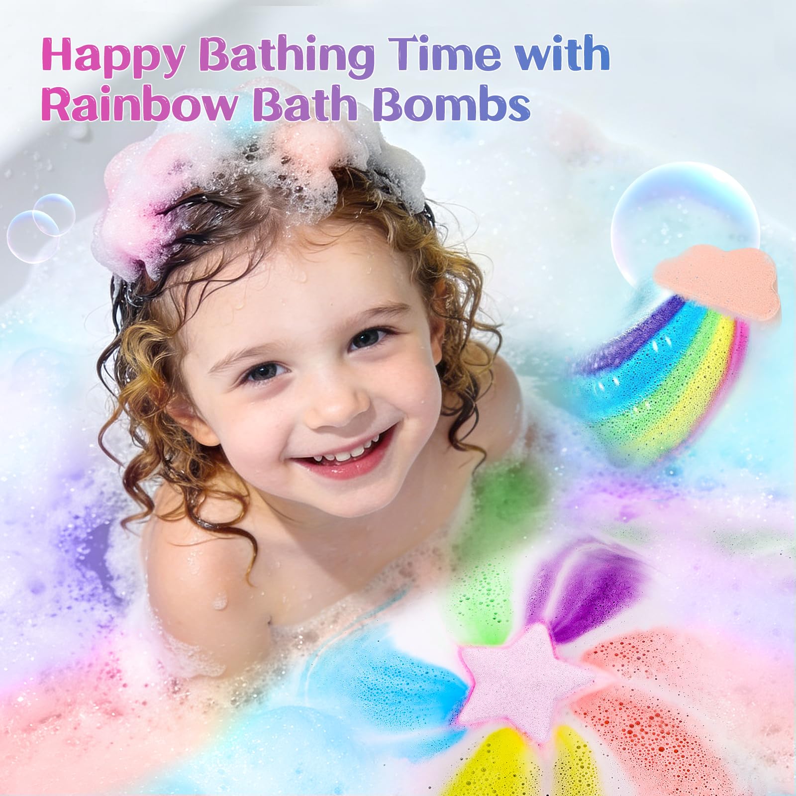 Handmade natural kid bath fizzers dissolving in water creating a five color trailing rainbow effect