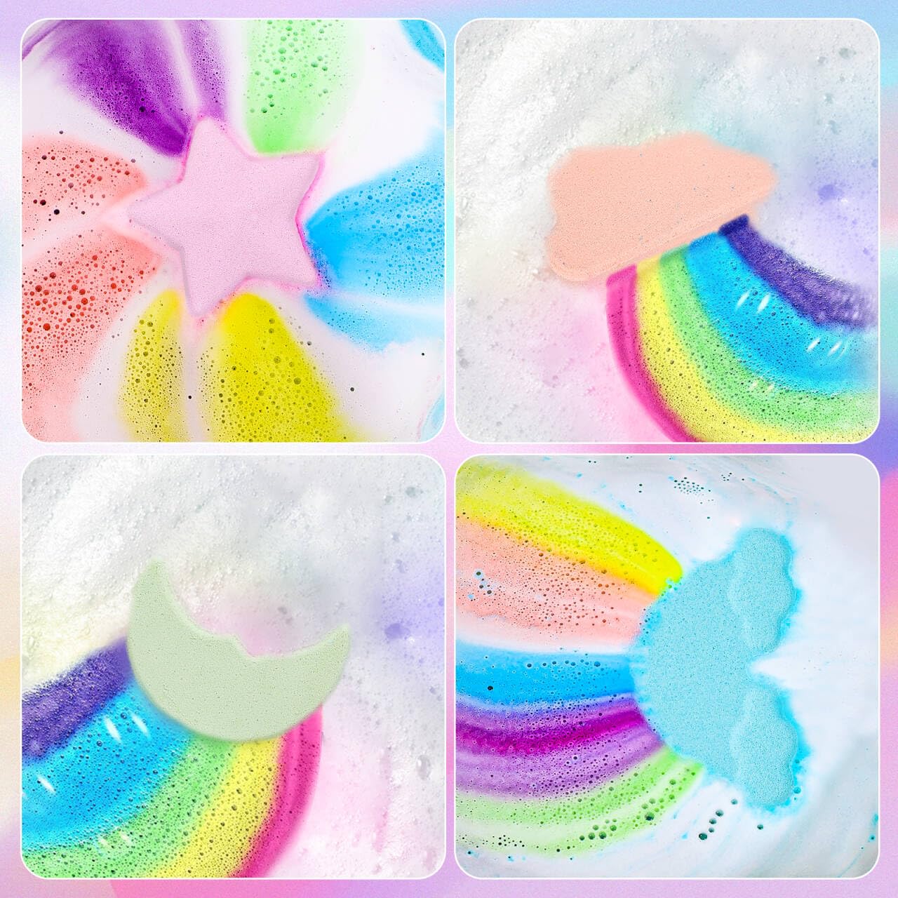 Non toxic skin friendly kids holiday gift set featuring four different colorful cloud and moon shapes