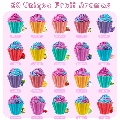 Colorful cupcake shaped bubble bath fizzes dissolving in warm water revealing a toy