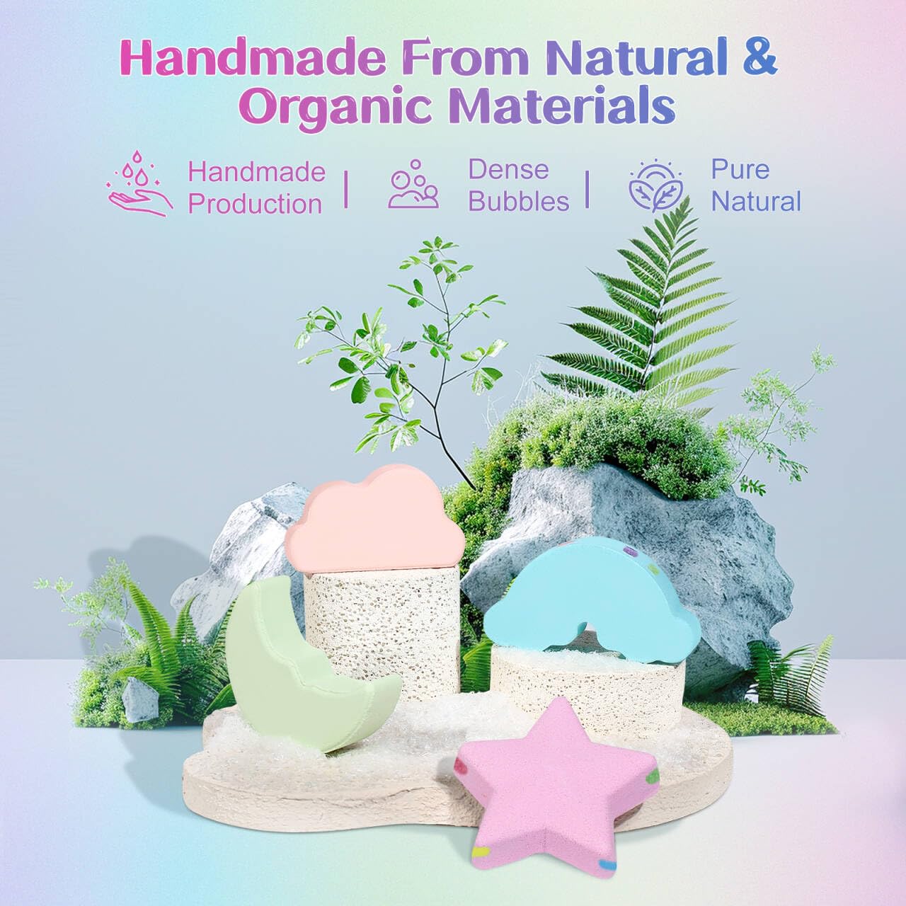 Tear free plant based essential oil bath bombs package close up highlighting organic ingredients