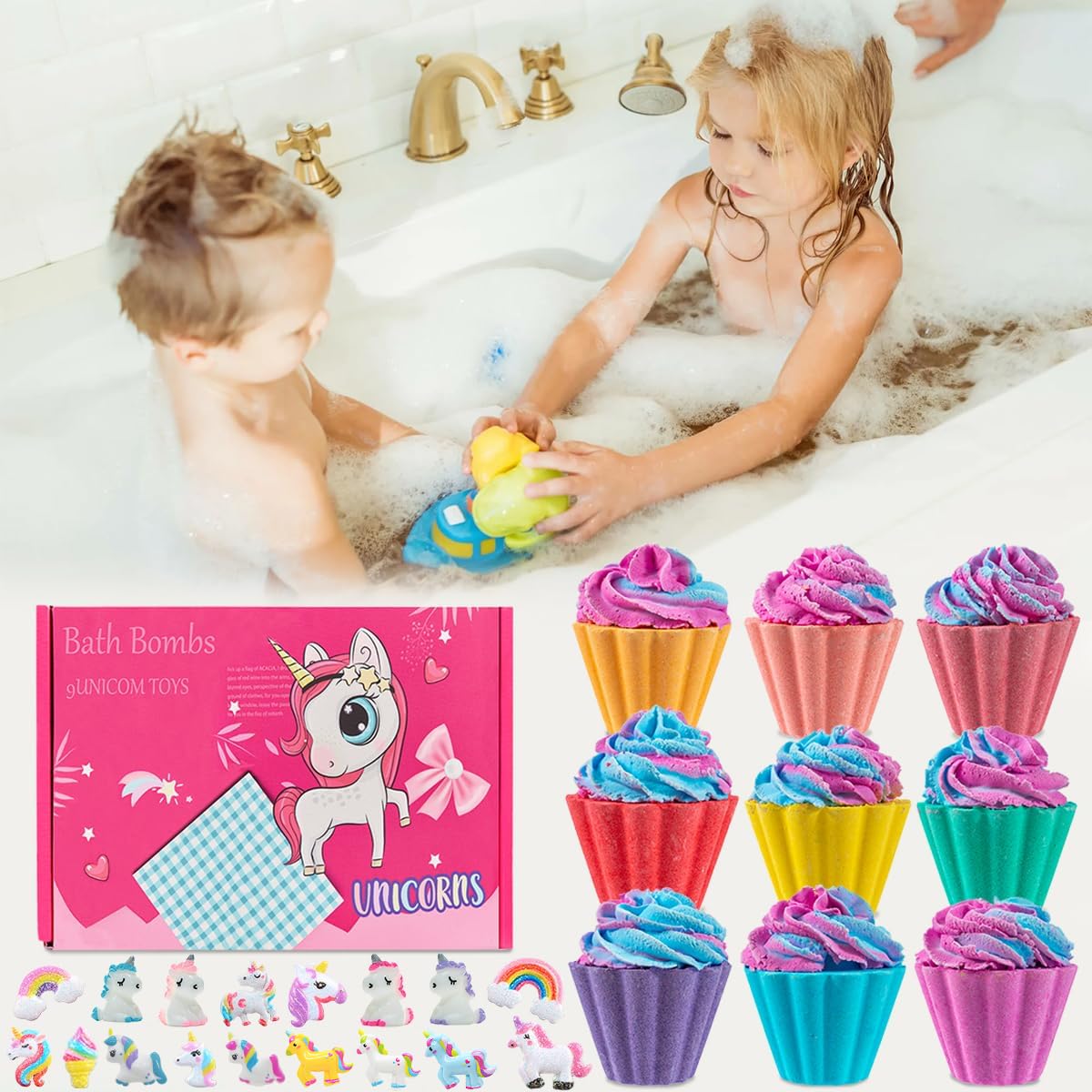 Vibrant non staining bubble bath bubbles generated by a pink cupcake fizzie