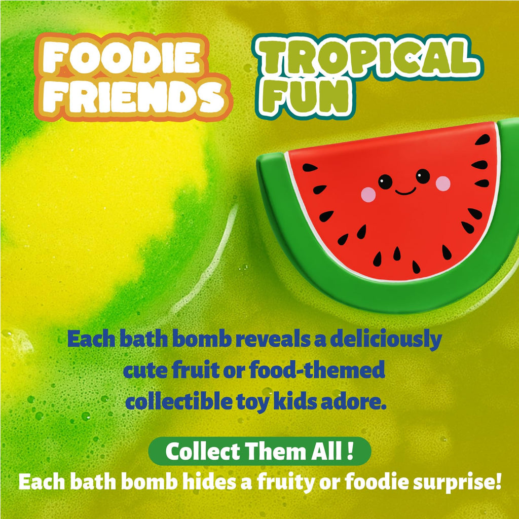 Child-friendly organic bubble bath bomb ingredients and packaging details.