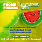 Child-friendly organic bubble bath bomb ingredients and packaging details.