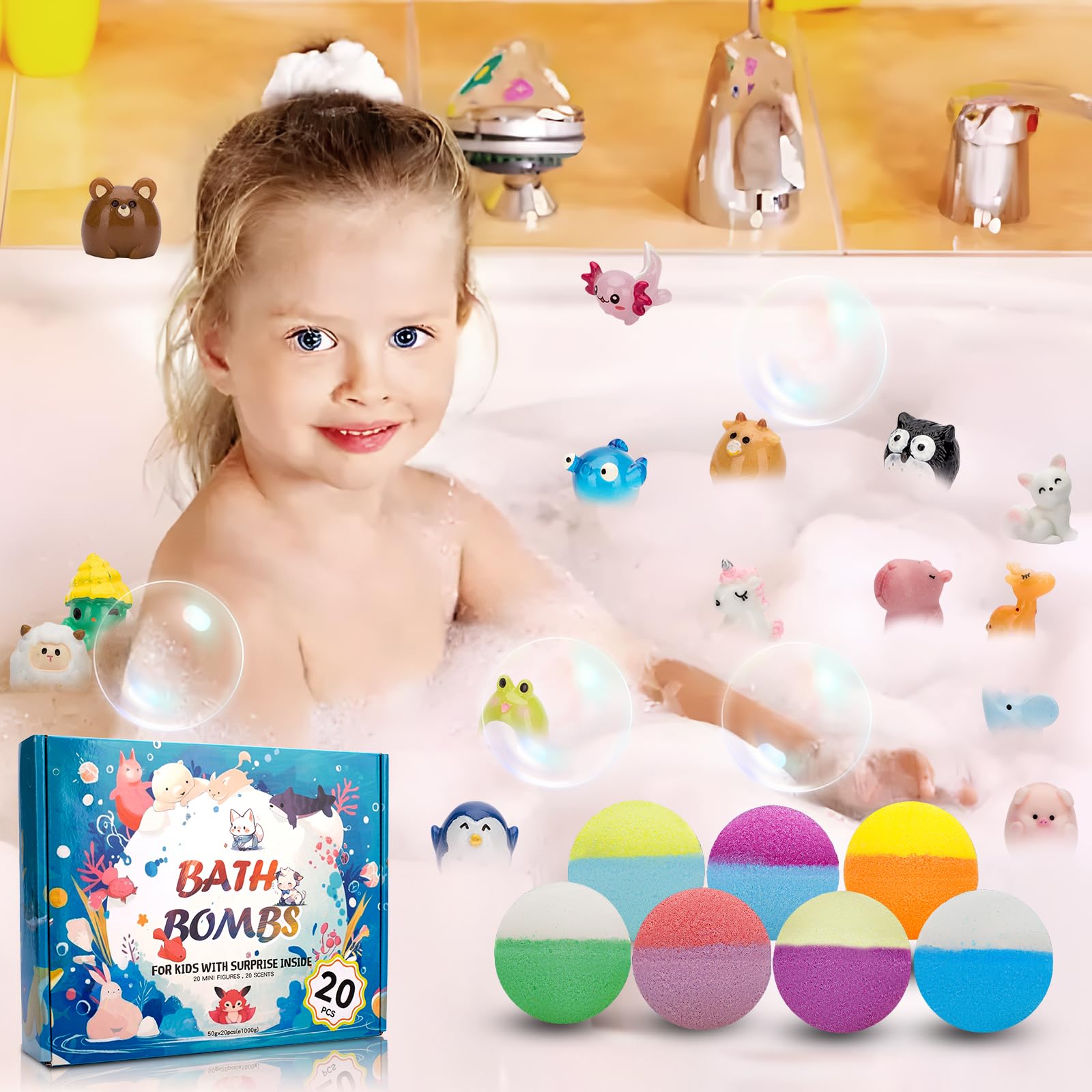 Organic natural kids bath fizzies with surprise animal toys displayed outside