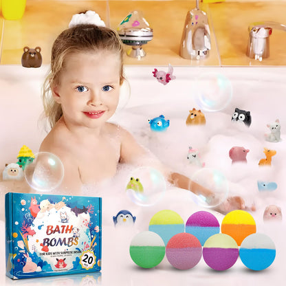 Organic natural kids bath fizzies with surprise animal toys displayed outside