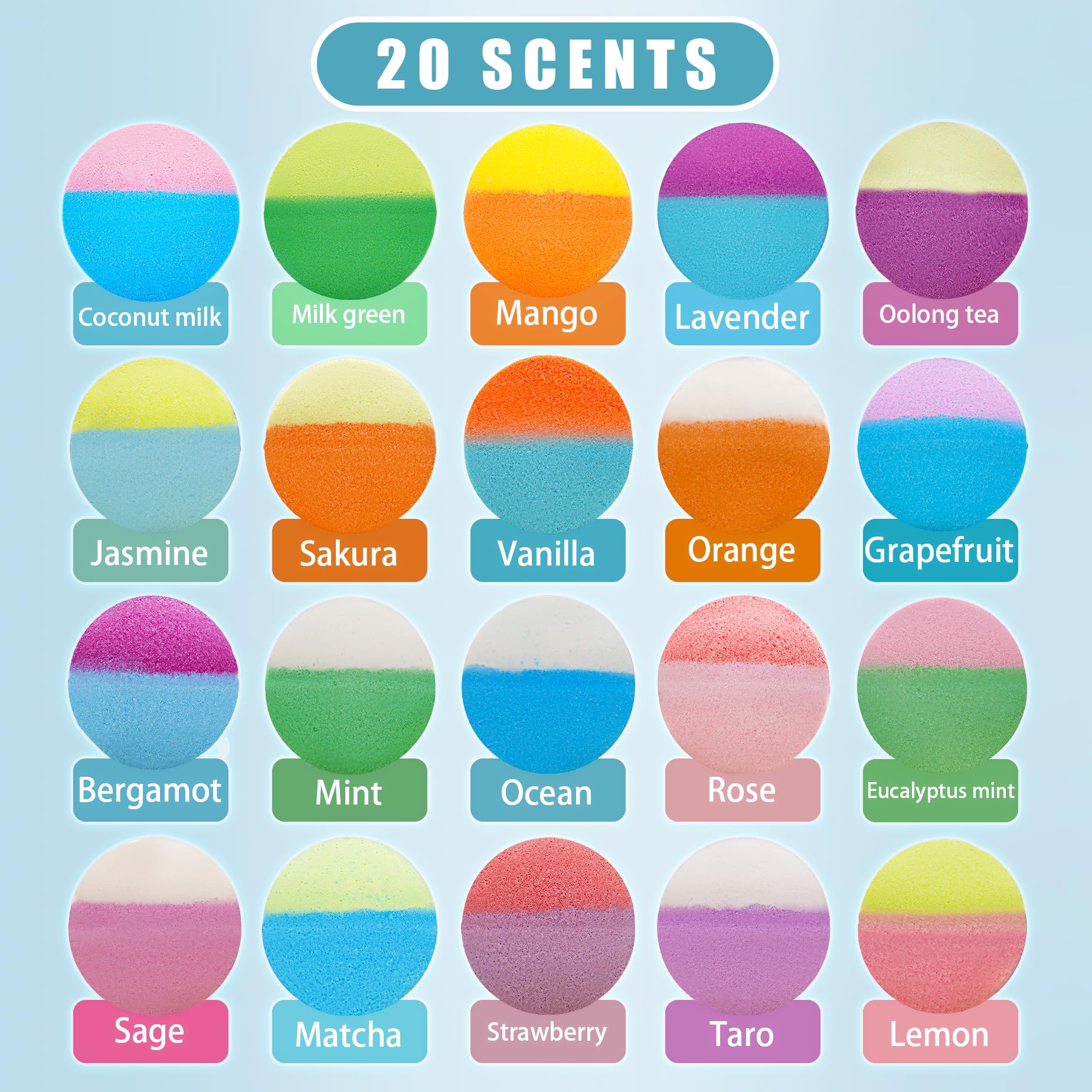 Aromatic rich foam bubble bath bomb pack showcasing twenty distinct hidden surprises