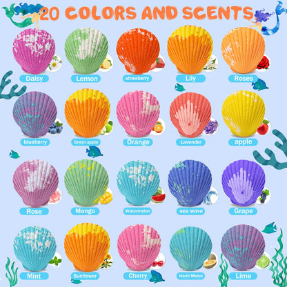 Individual shell shaped colorful bath bombs from Kims Cosiart displayed out of the box.