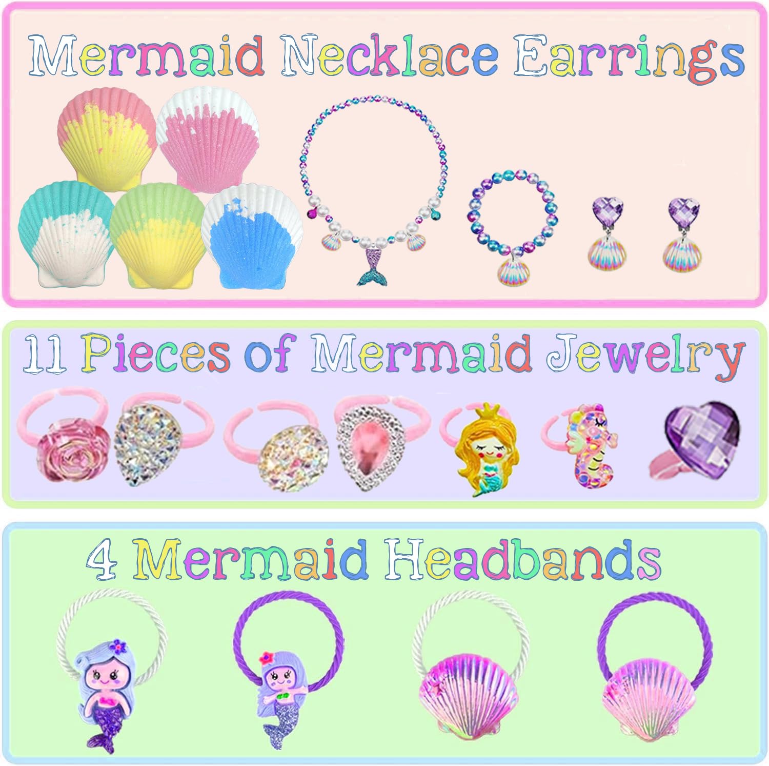 Assorted collection of hidden surprise mermaid jewelry gifts including rings and bracelets included inside the fizzers.