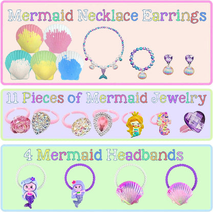 Assorted collection of hidden surprise mermaid jewelry gifts including rings and bracelets included inside the fizzers.