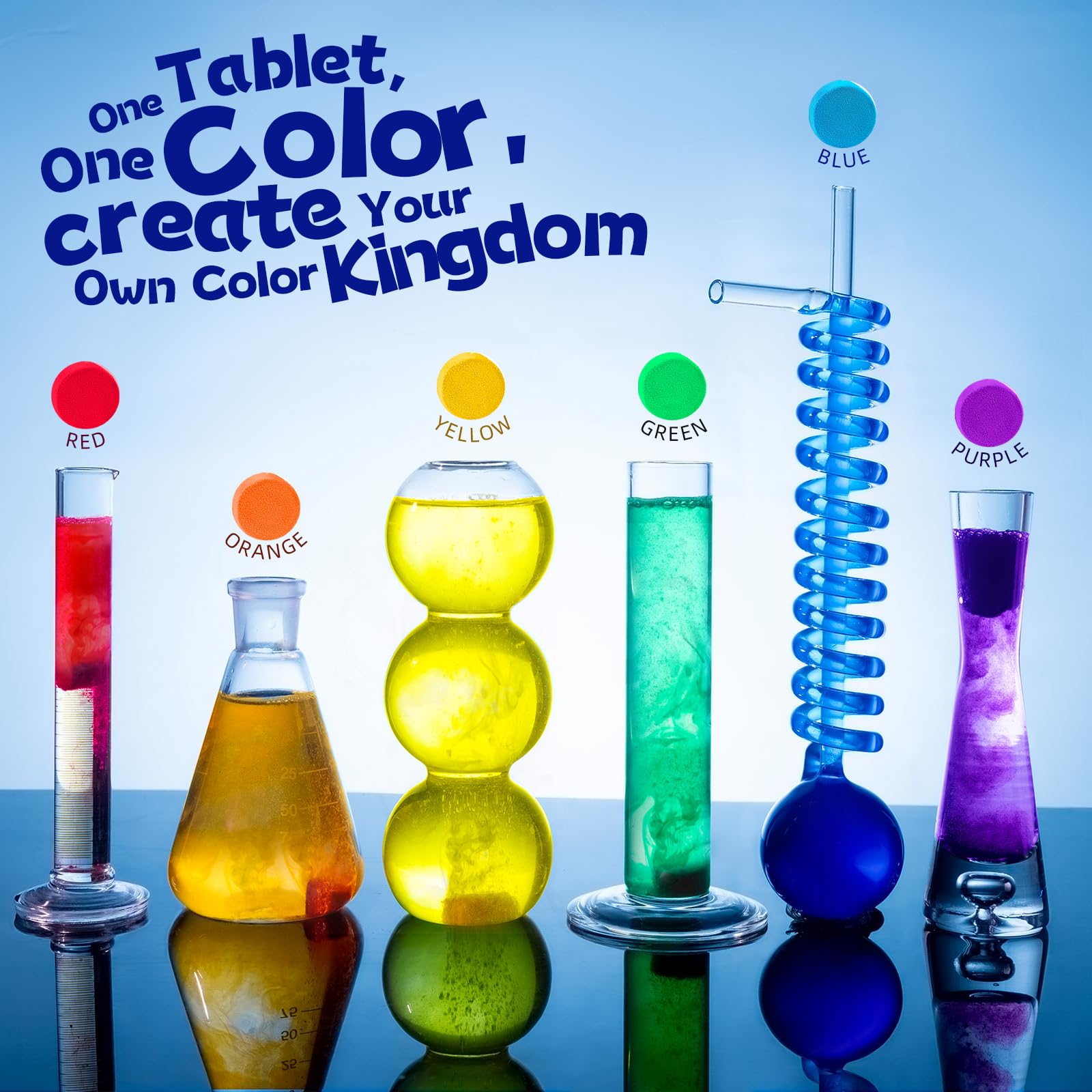 Six different vibrant colors of children bath bombs sorted on a white surface.