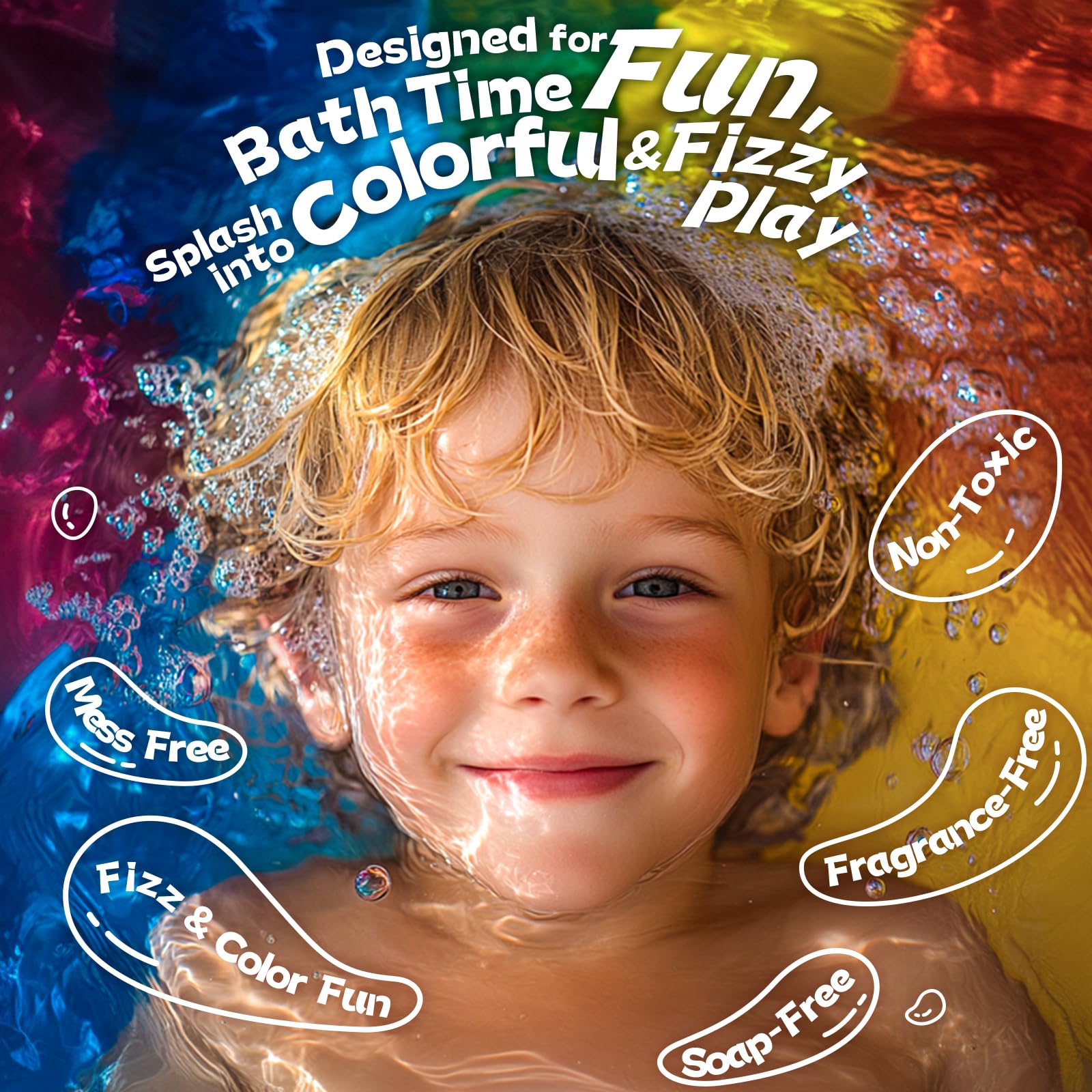 Child friendly eco friendly bath drops creating a rainbow effect in warm water.