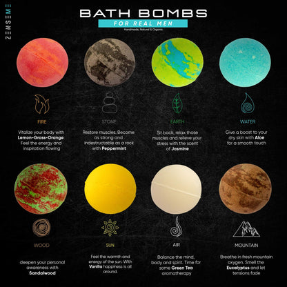 Eight square organic bath fizzers arranged neatly displaying different masculine scents.