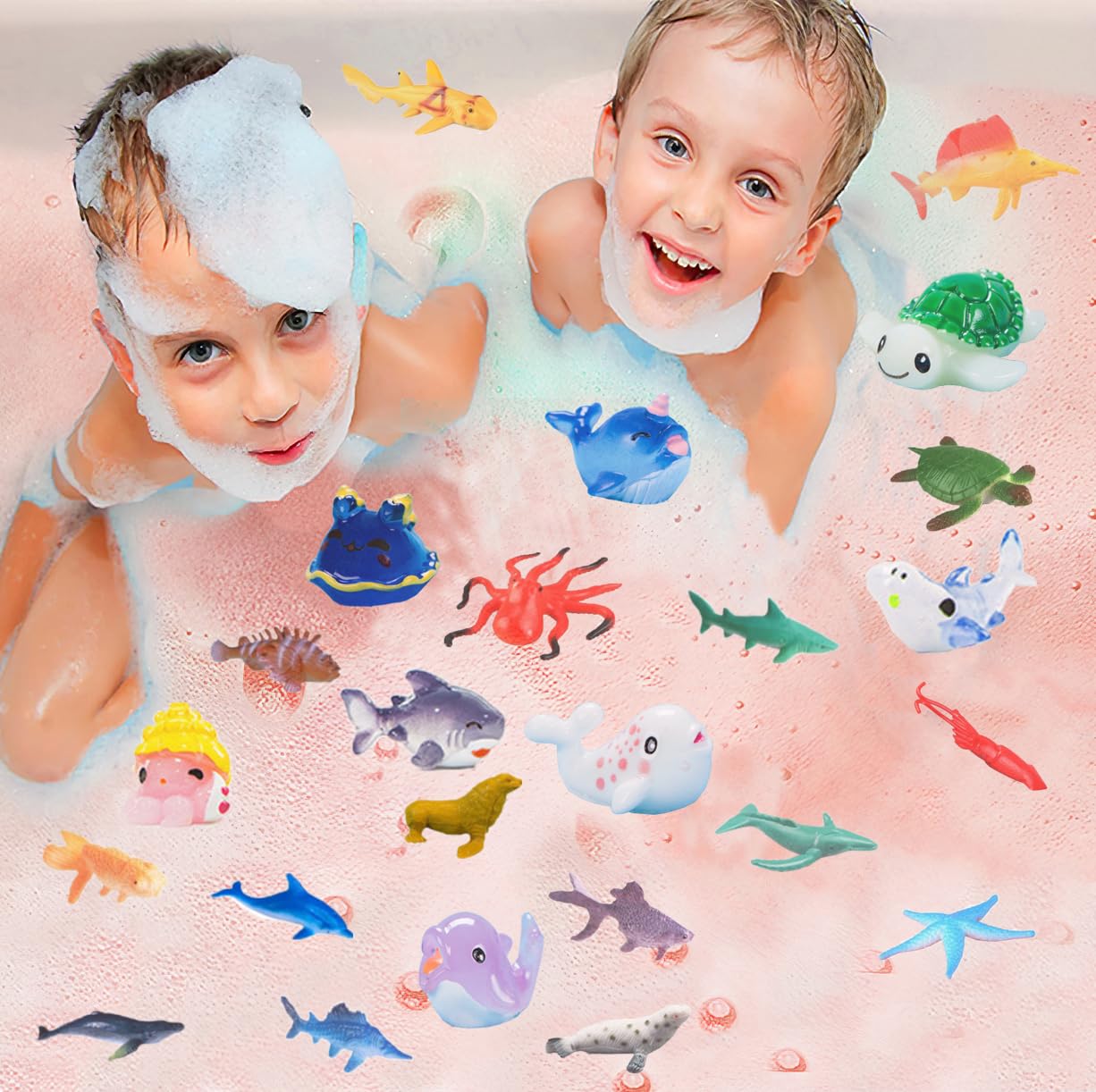 Kottke shark bath bombs dissolving in warm bathwater creating colorful vibrant blue bubbles.