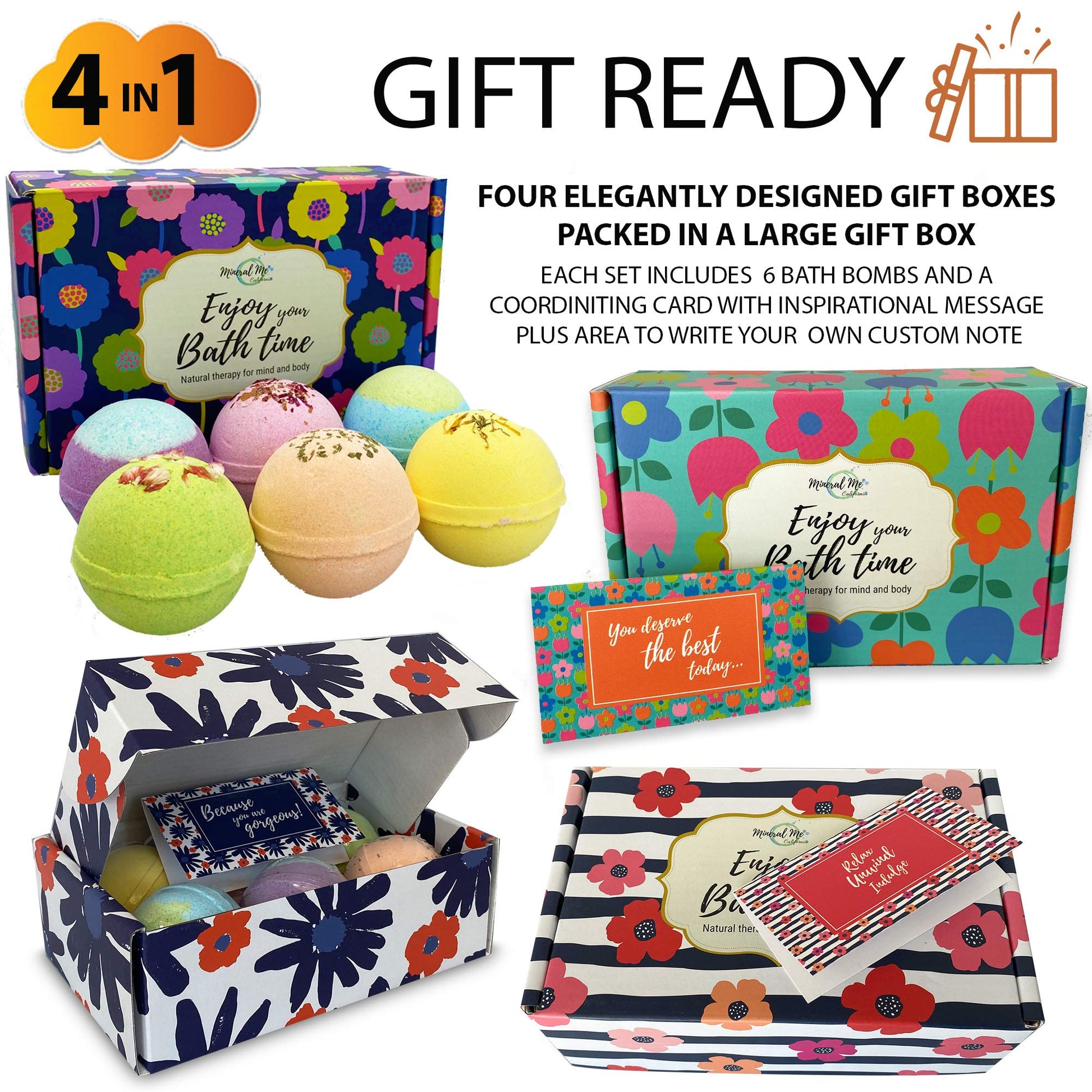 Mineral Me California luxury selfcare gift set for women featuring twenty-four individually wrapped aromatherapy bath fizzers.