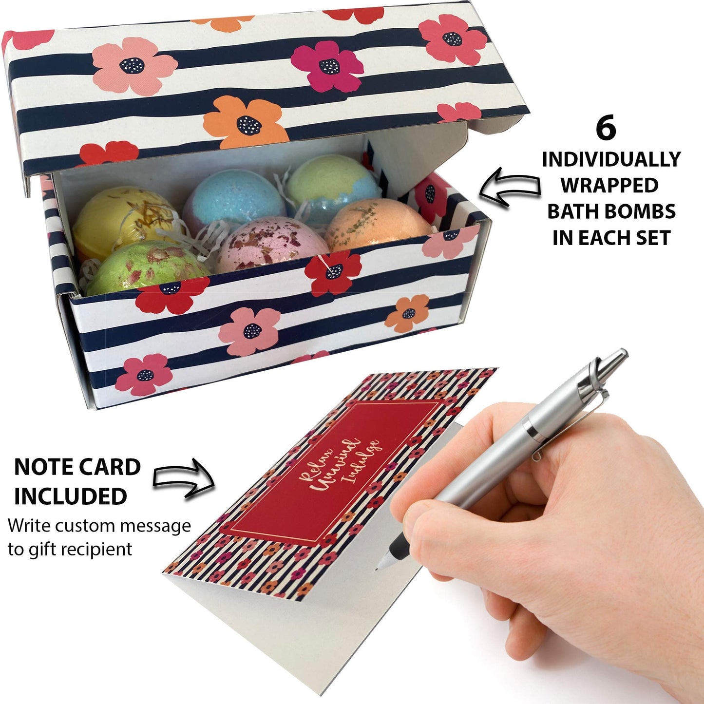 Mineral Me California bath bombs packaging detailing the clean beauty ingredients and assortment of exotic scents.