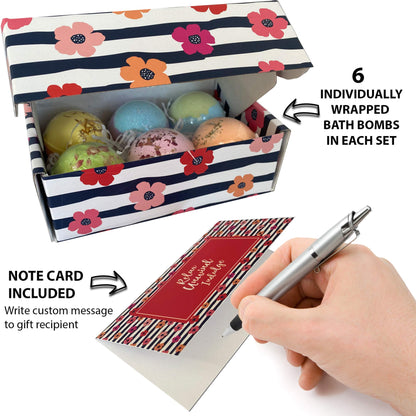 Mineral Me California bath bombs packaging detailing the clean beauty ingredients and assortment of exotic scents.