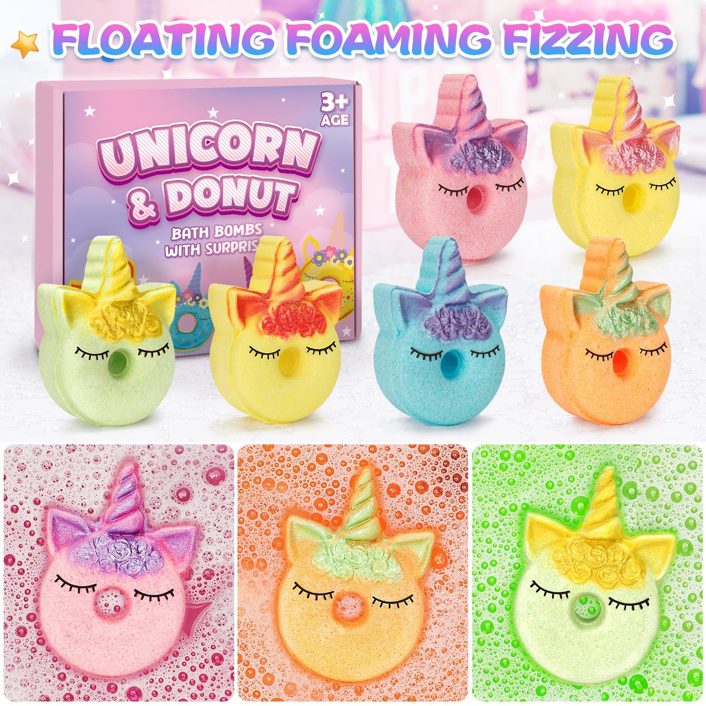 Colorful kids bath fizzies dissolving in warm water releasing purple bubbles