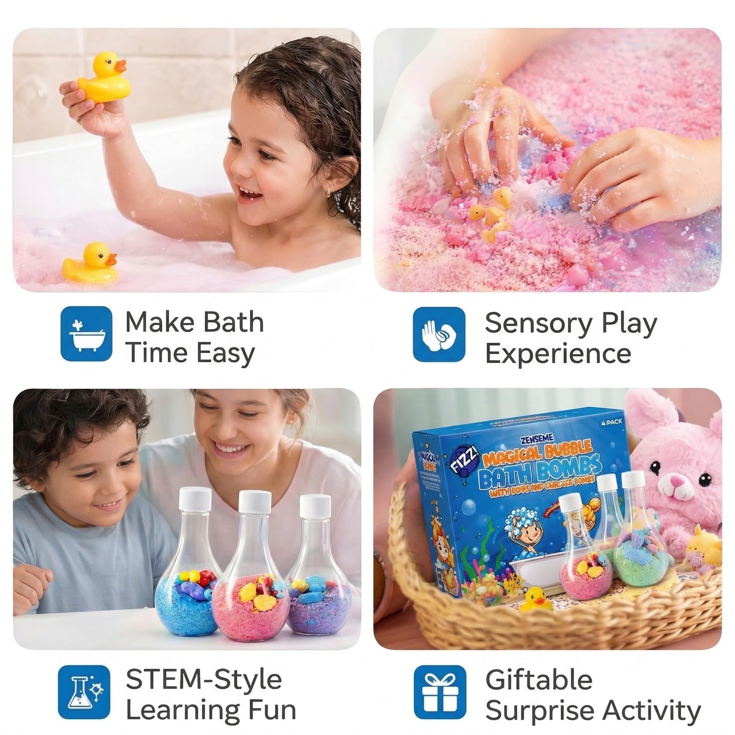 Mini toy ducks hidden inside fizzing colorful bath powders