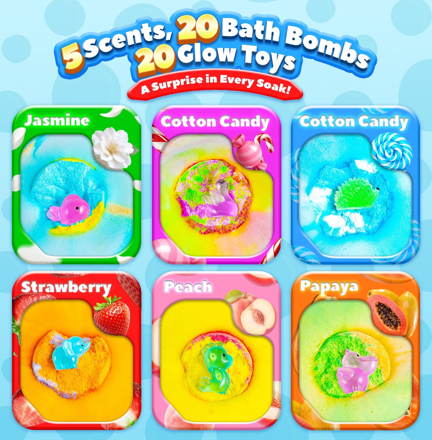 Handmade children bath bombs showcasing the hidden glow in the dark resin toys