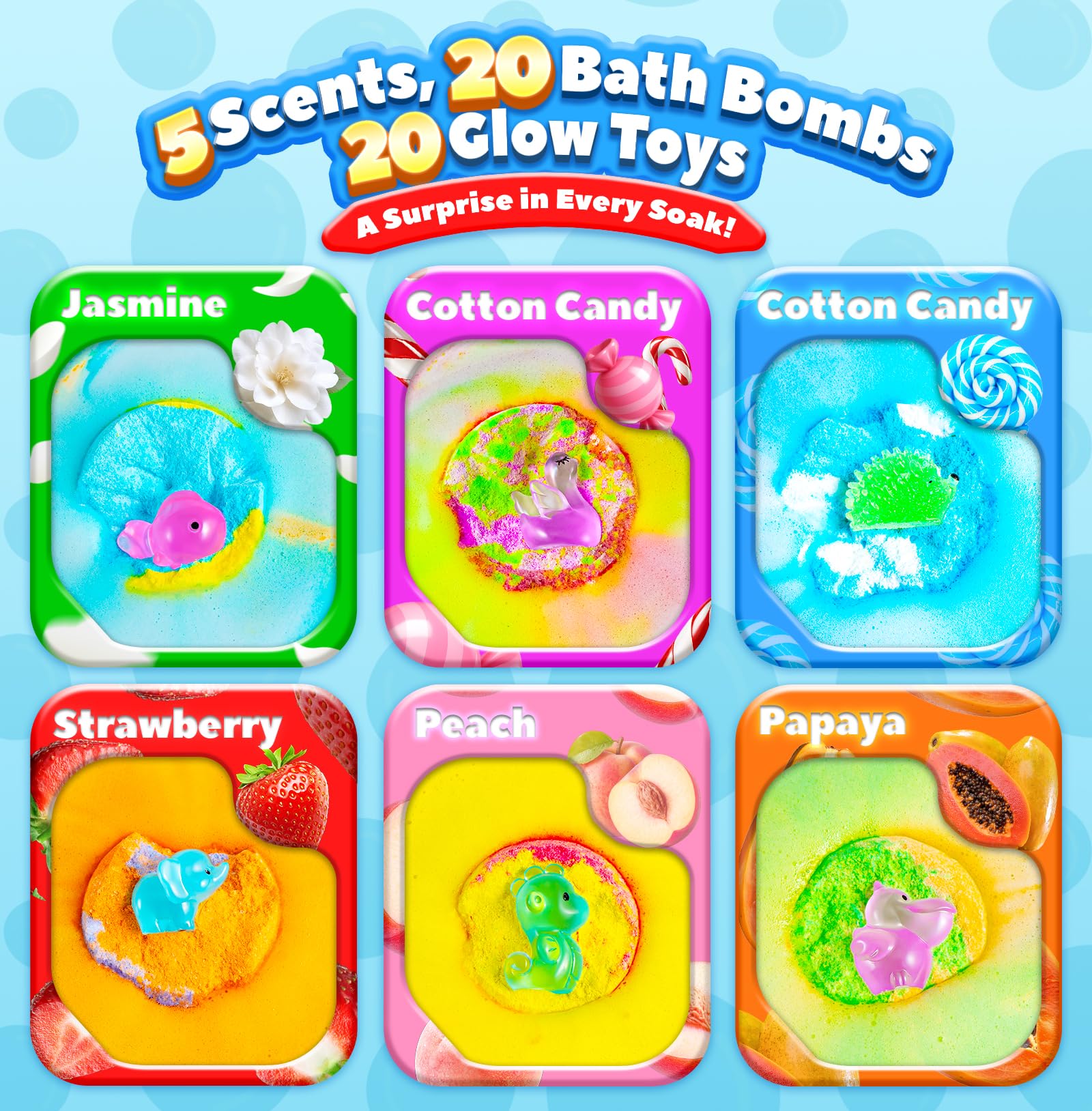 Handmade children bath bombs showcasing the hidden glow in the dark resin toys