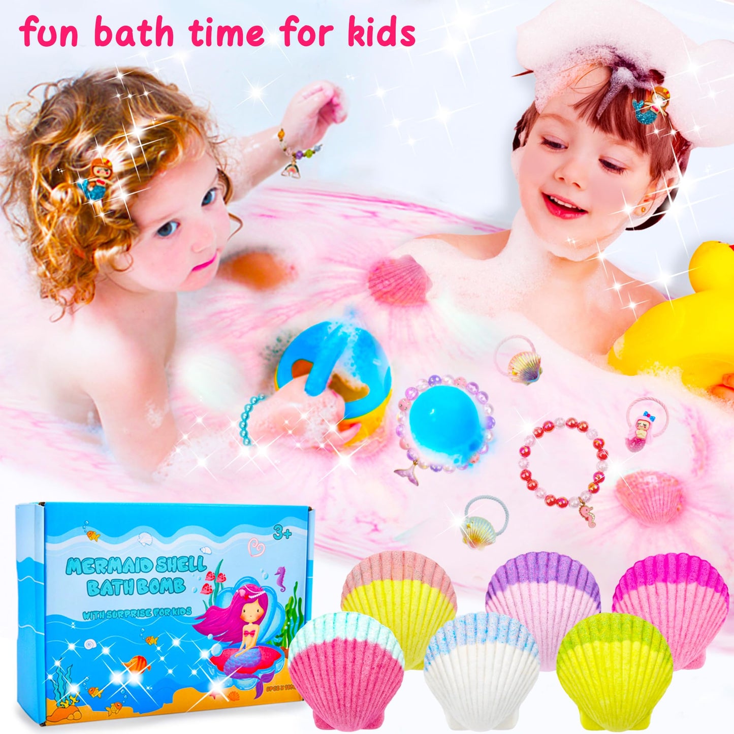 Usand kids imported bath fizzies showcasing the six natural fruity scent options like strawberry and blueberry.
