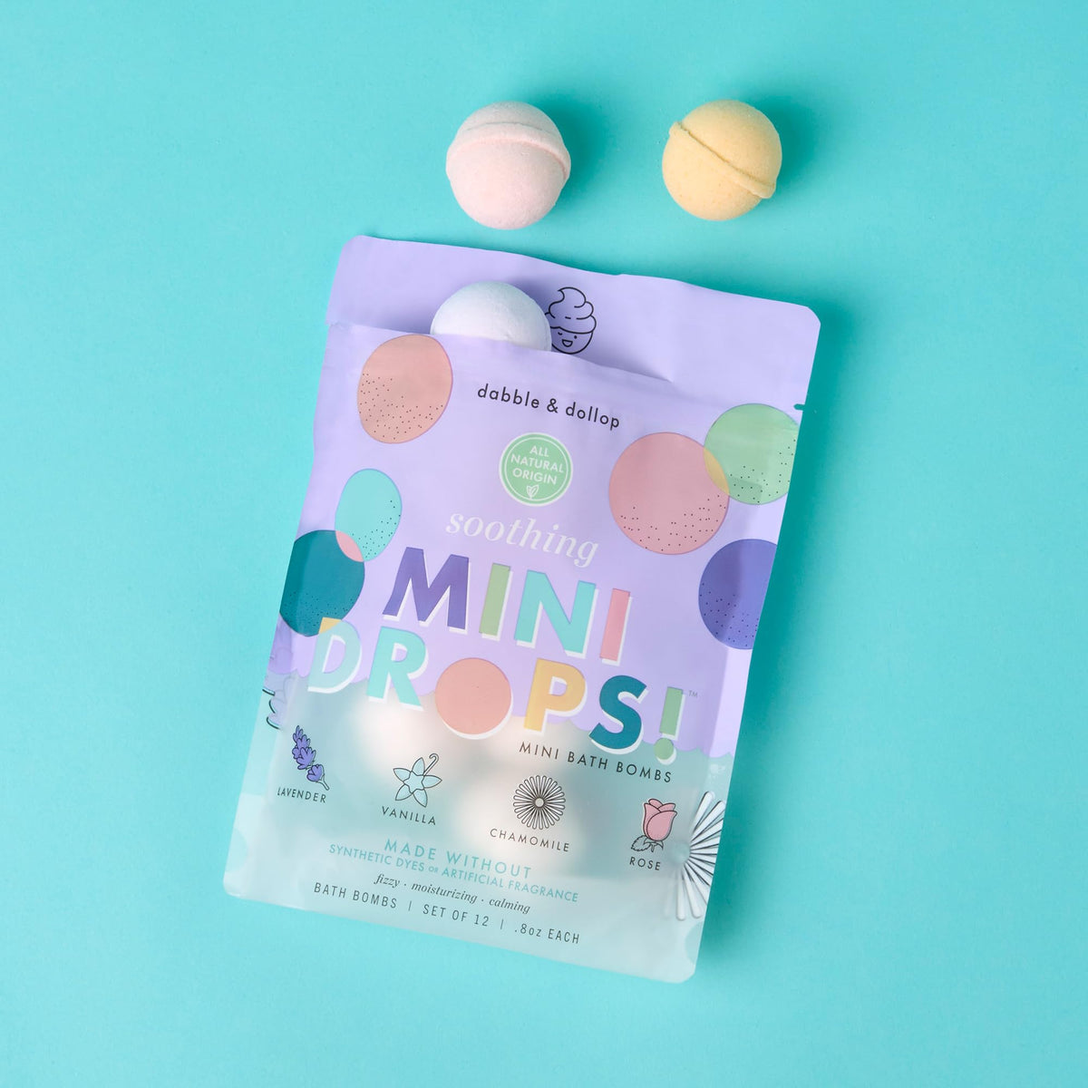 Dabble & Dollop 24 count mini bath bombs set lifestyle layout