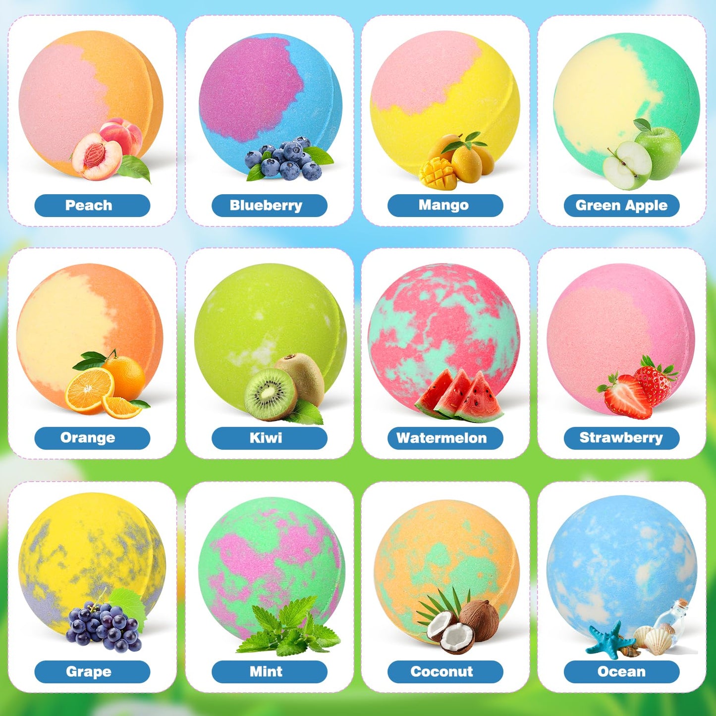 Excalla children gift set displaying 12 unique scented bath balls and the pink miniature bathtub playset.