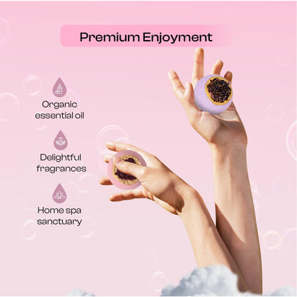 Premium organic essential oil bath bombs in luxury packaging for self care gifting.