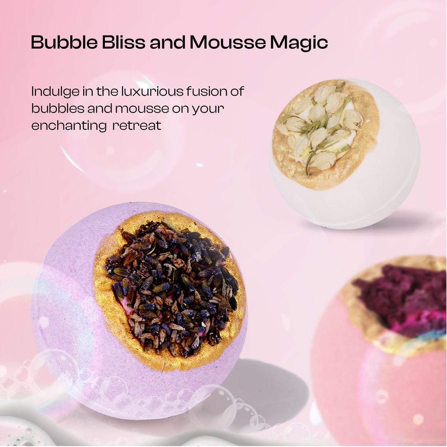 Oversized luxury bath bombs dissolving in water for a home spa experience.