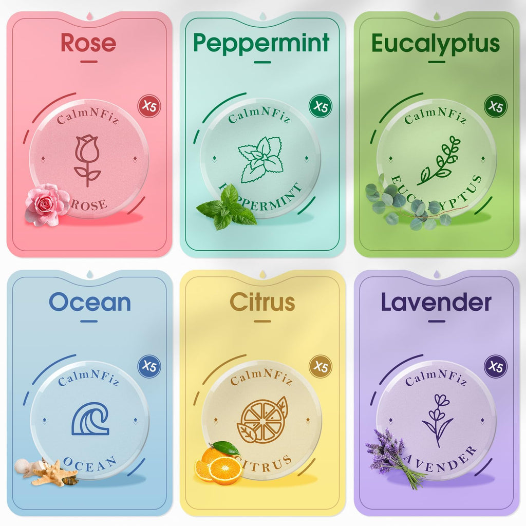 CalmNFiz aromatherapy shower tablets arranged outside box