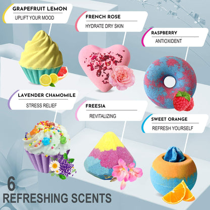 Six unique cupcake and donut shaped natural bath fizzies displayed together.