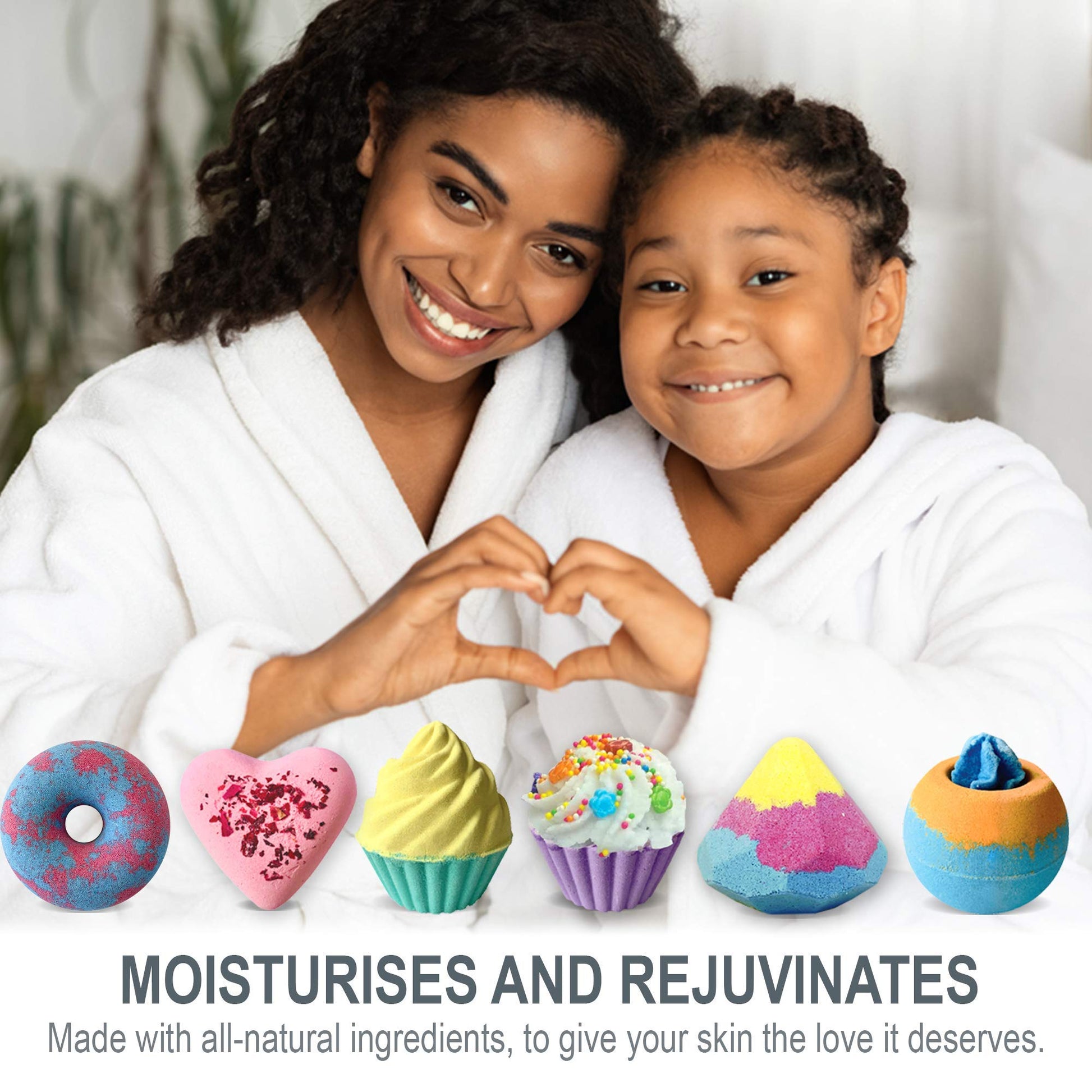 Unwrapped organic bath bomb showing detailed heart and pastry designs.