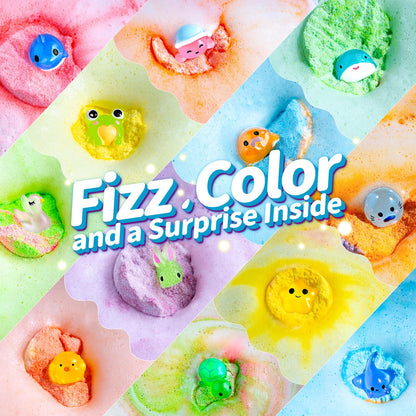 Glow in the dark land and sea toys included inside the kids bubble bath set.