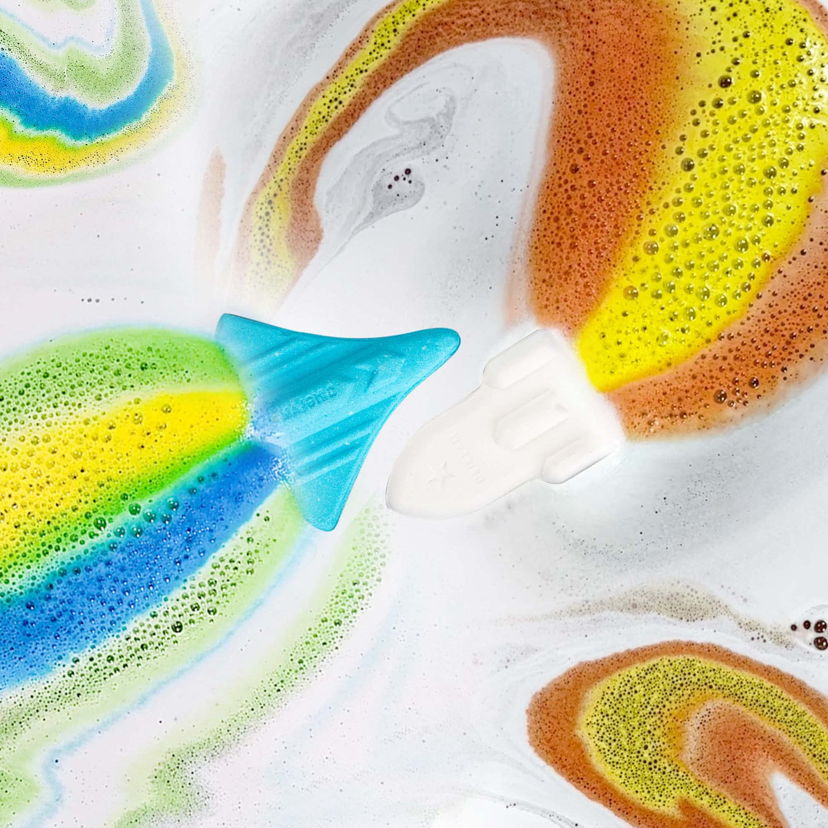 Origlam rocket shaped bath bombs showing individual multi-colored fizzers