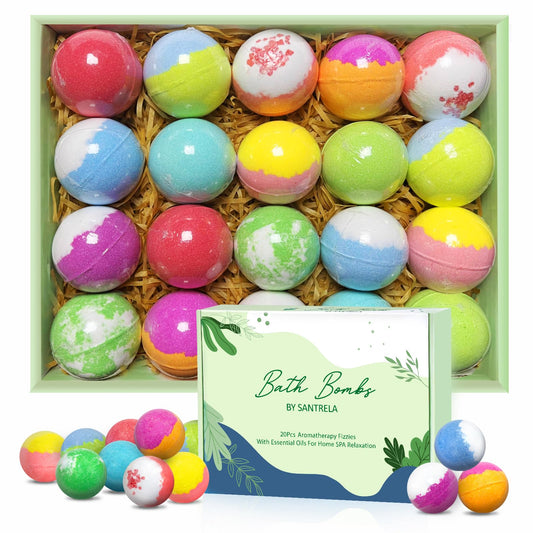 Santrela handmade aromatherapy spa bubble bath balls displaying diverse scents including lavender and vanilla.