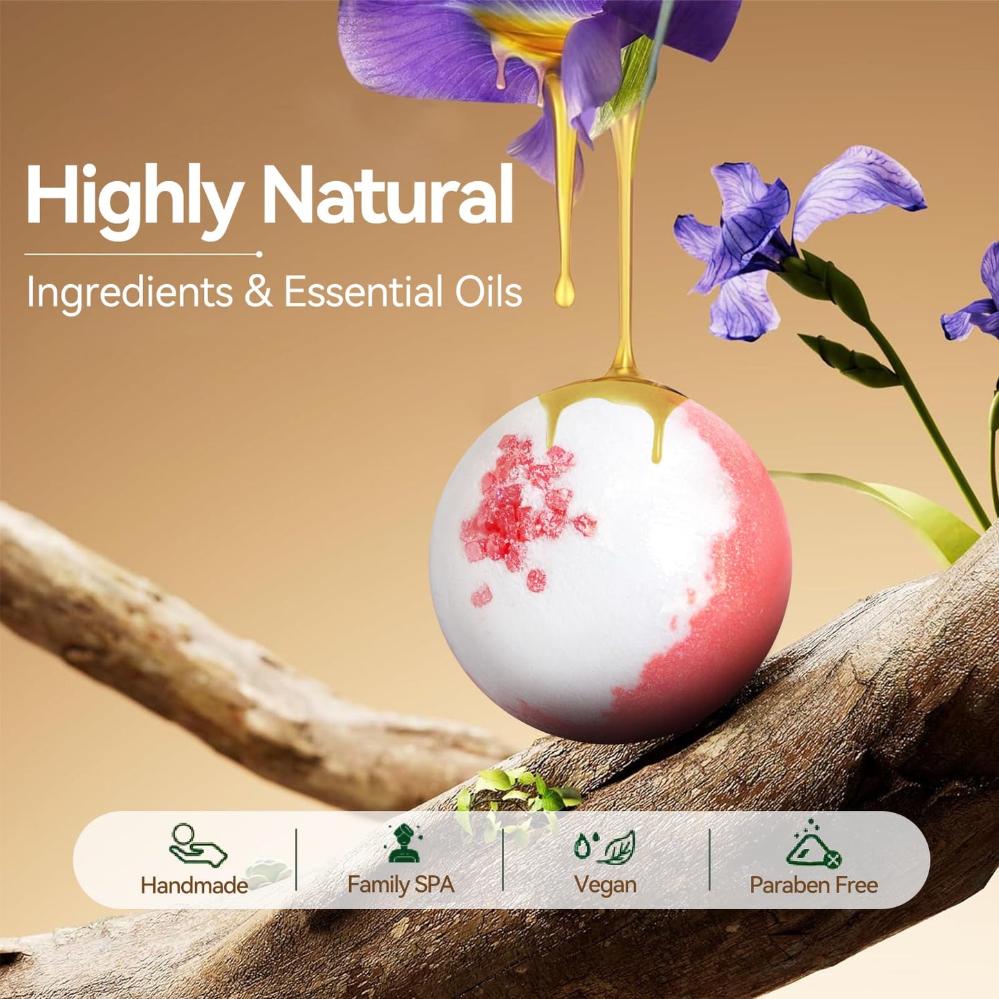 Premium organic bath bombs box containing twenty counts of essential oil infused self care gift items.