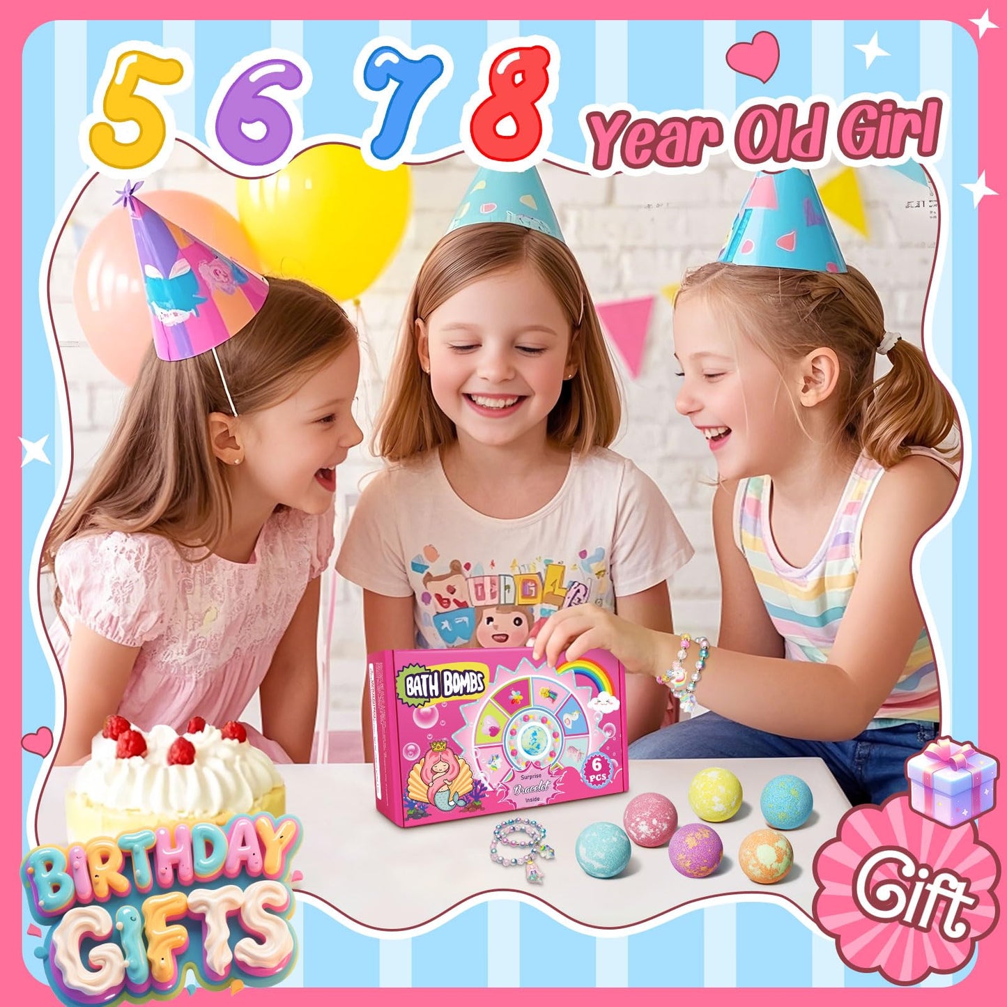 Six colorful fruit scented kids bath fizzies with surprise jewelry charms arranged neatly.