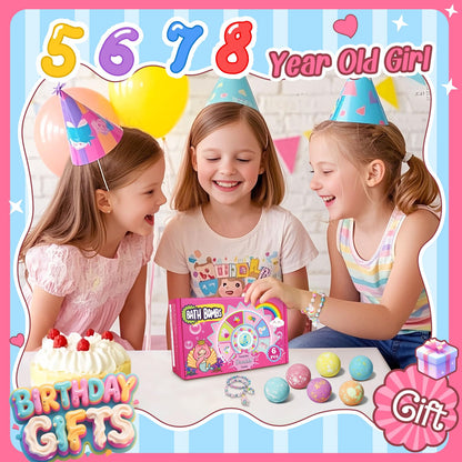 Six colorful fruit scented kids bath fizzies with surprise jewelry charms arranged neatly.